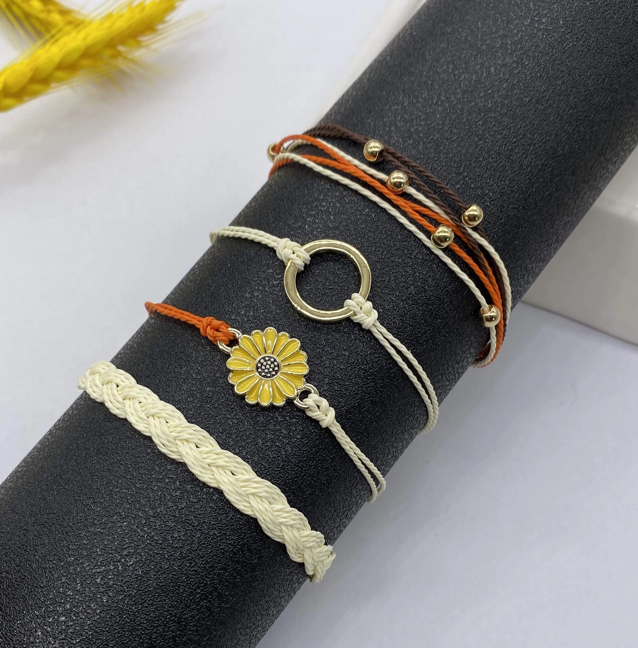 14 Pieces Bracelets for Teen Girls Wave Strand Anklet Bracelets Set,Handmade Cute Sunflower Adjustable Braided Rope Bracelet Bohemian Beach Friendship Jewelry Christmas Gifts Feature Sunflower Set