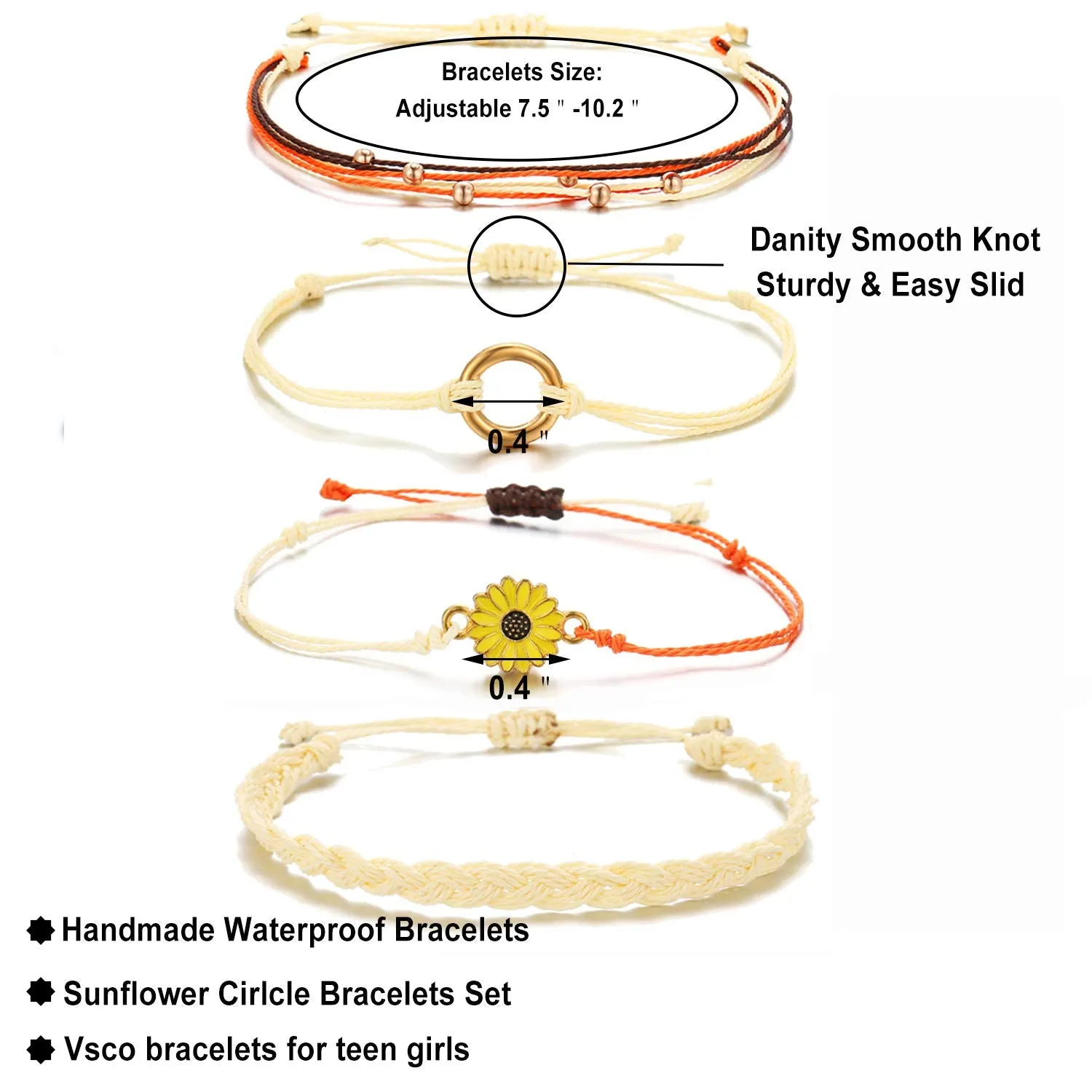 14 Pieces Bracelets for Teen Girls Wave Strand Anklet Bracelets Set,Handmade Cute Sunflower Adjustable Braided Rope Bracelet Bohemian Beach Friendship Jewelry Christmas Gifts Feature Sunflower Set
