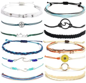 14 Pieces Bracelets for Teen Girls Wave Strand Anklet Bracelets Set,Handmade Cute Sunflower Adjustable Braided Rope Bracelet Bohemian Beach Friendship Jewelry Christmas Gifts Feature Sunflower Set