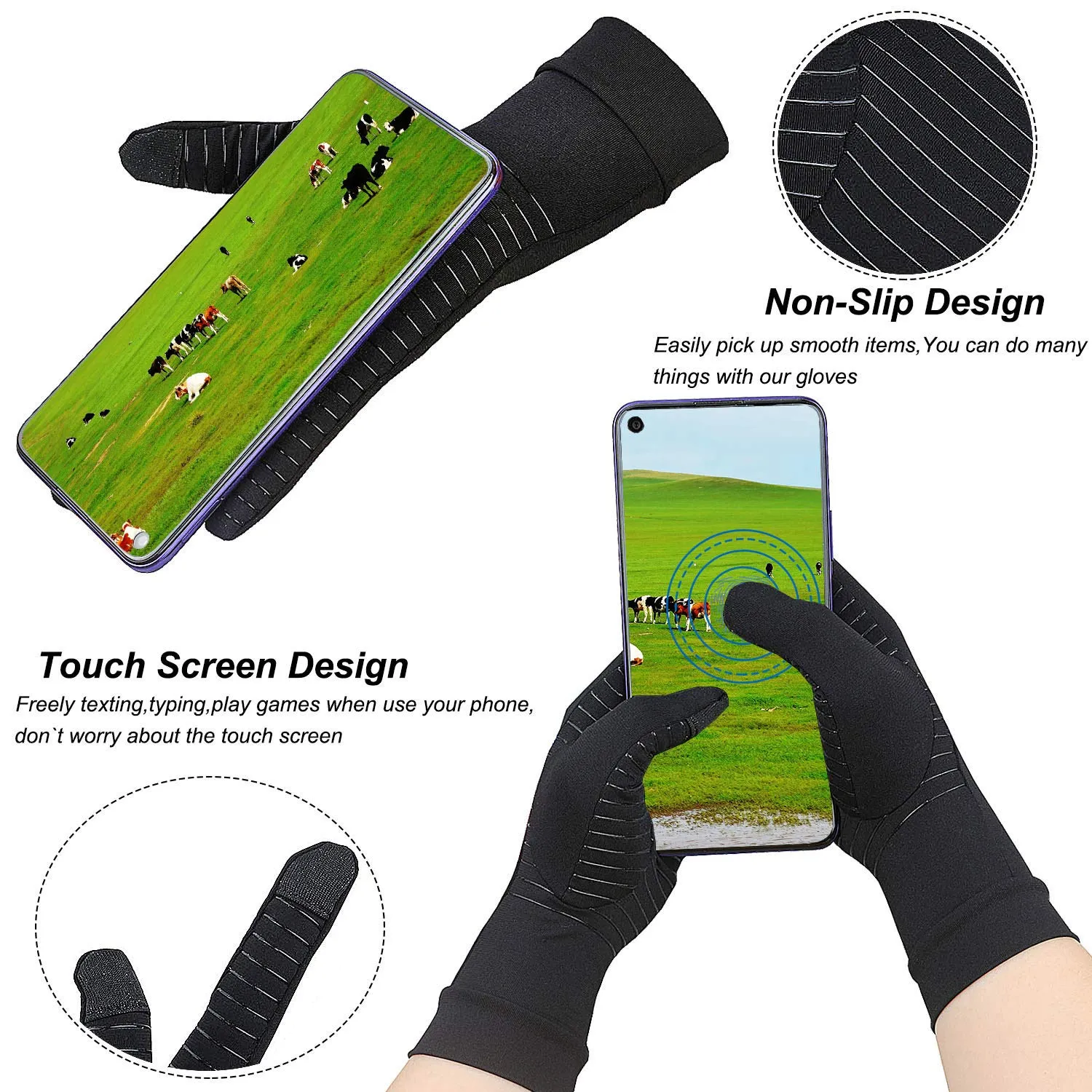 2 Pairs Copper Arthritis Gloves, Touch Screen Compression Gloves for Men Women, Full Finger Carpal Tunnel Glove for Typing, Hand Pain, RSI, Support Wrist and Hand Joint (Black, X-Large (2 Pairs)) Black X-Large (2 Pairs)