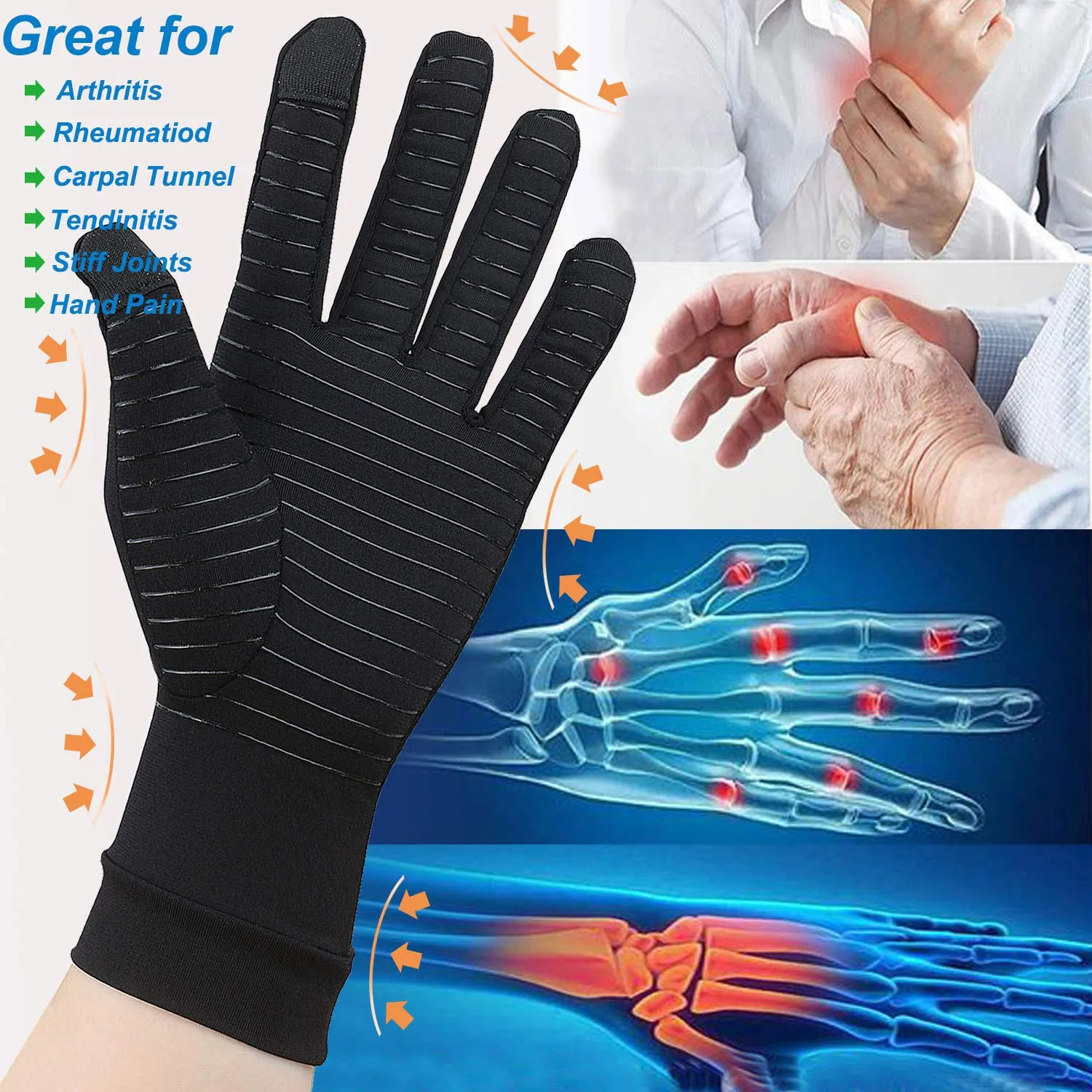 2 Pairs Copper Arthritis Gloves, Touch Screen Compression Gloves for Men Women, Full Finger Carpal Tunnel Glove for Typing, Hand Pain, RSI, Support Wrist and Hand Joint (Black, X-Large (2 Pairs)) Black X-Large (2 Pairs)