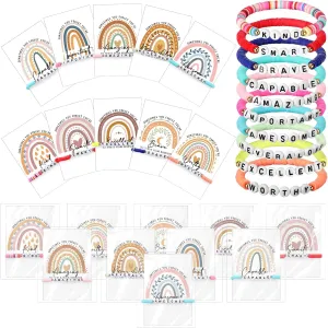 20 Sets Inspirational Gifts for Women Friendship Bracelets Motivational Bracelets Rainbow Beaded Inspirational Quotes Card Bulk End of Year Gifts for Students Graduation Employee Staff Team