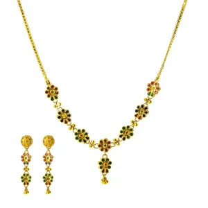 22K Yellow Gold Necklace and Earrings Set W/ Multi-Color Enamel Flower Charms