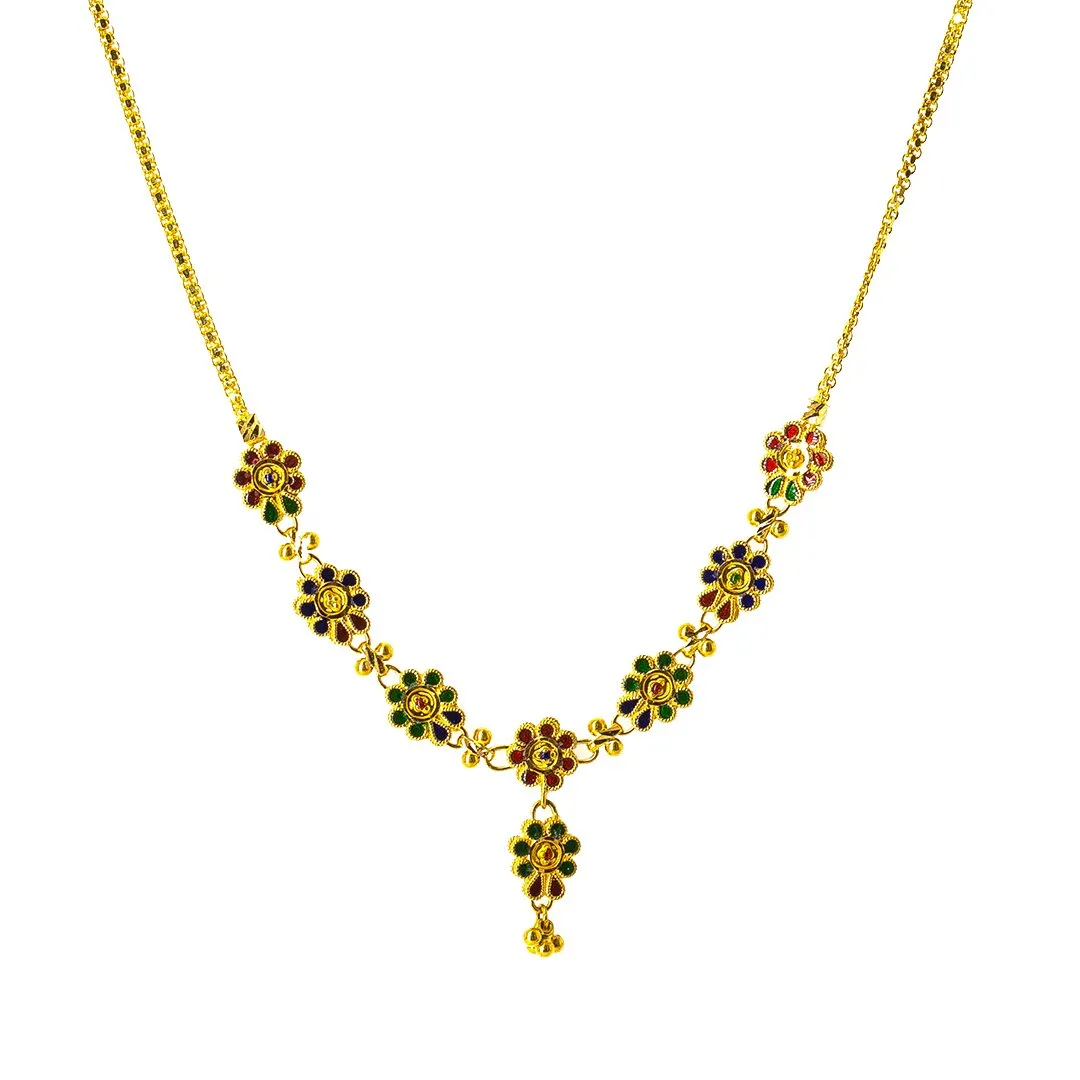 22K Yellow Gold Necklace and Earrings Set W/ Multi-Color Enamel Flower Charms