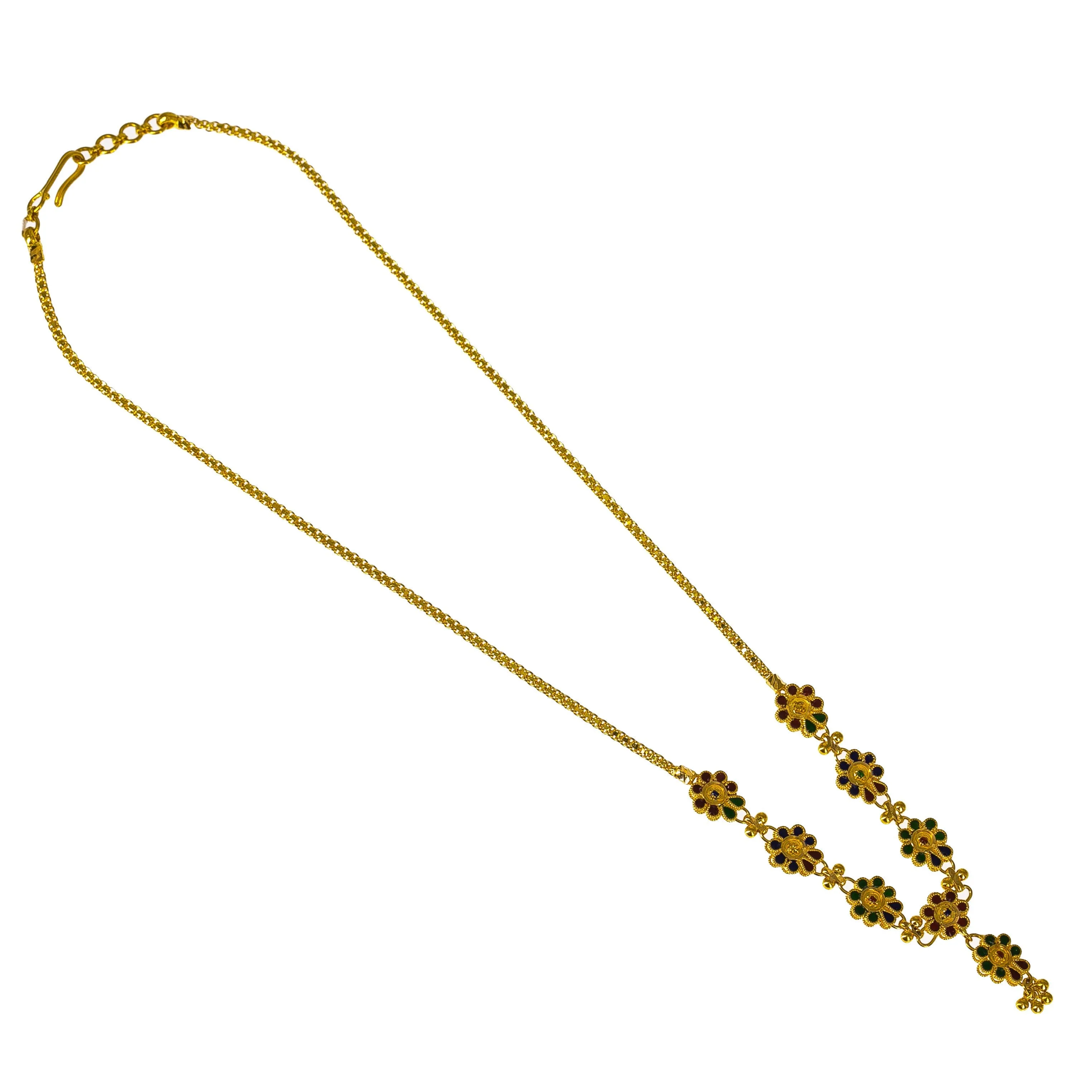 22K Yellow Gold Necklace and Earrings Set W/ Multi-Color Enamel Flower Charms