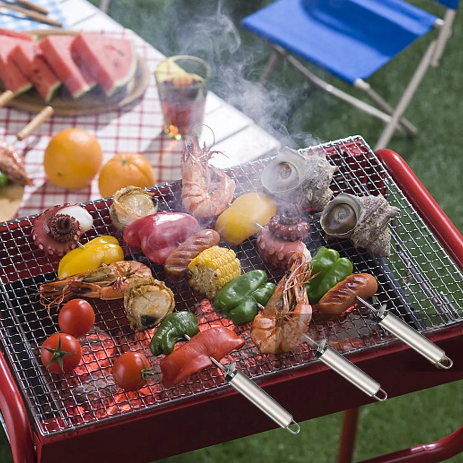 2331 Long Stainless Steel BBQ Grill Bar Sticks With Handle Reusable Grill Skewers Outdoor Camping