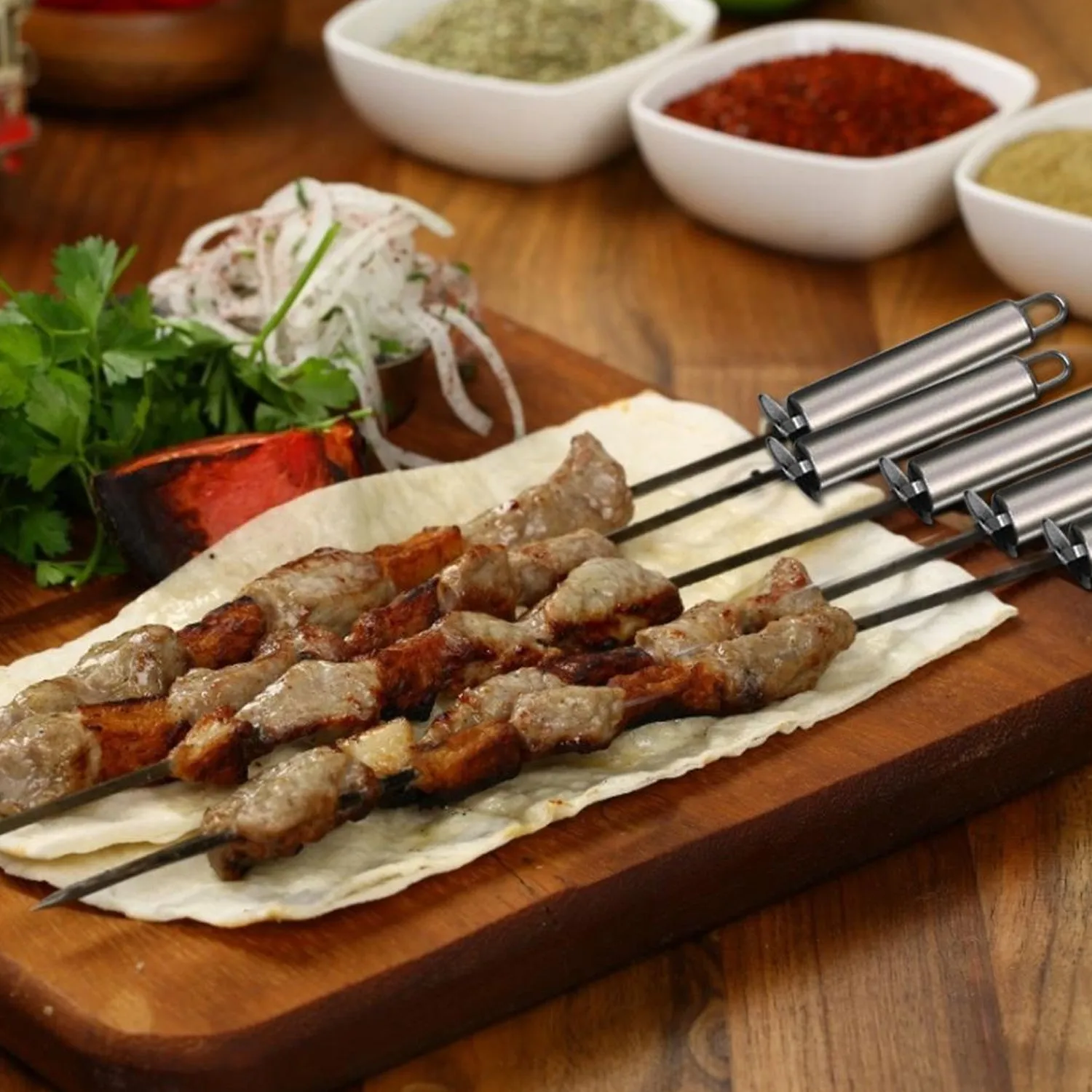 2331 Long Stainless Steel BBQ Grill Bar Sticks With Handle Reusable Grill Skewers Outdoor Camping