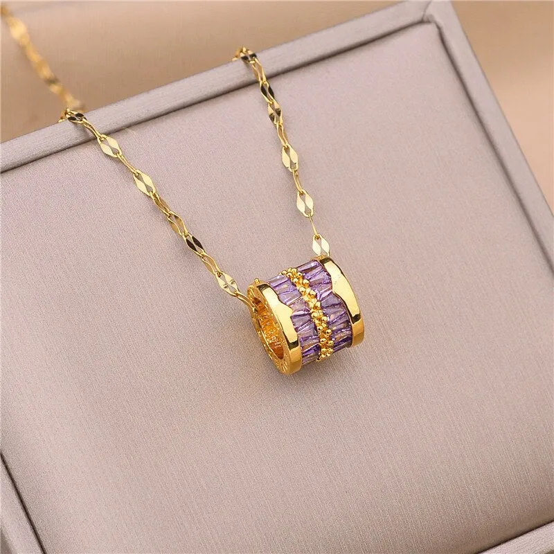 316L Stainless Steel 3 Color Round Pendant Necklace Minimalist Style Beautiful Woman