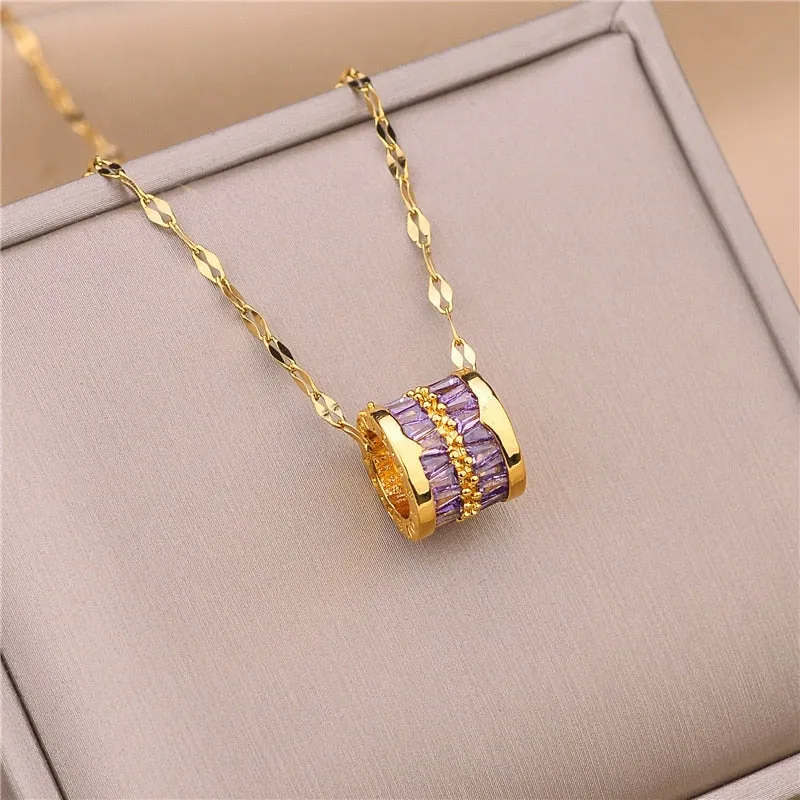 316L Stainless Steel 3 Color Round Pendant Necklace Minimalist Style Beautiful Woman