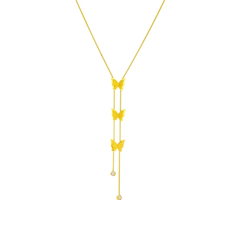 316L Stainless Steel Gold Color Butterfly Tassel Long Pendant Necklace For Women