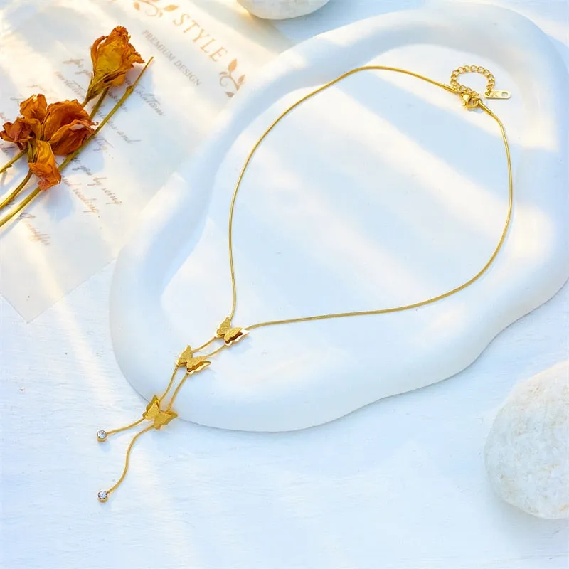 316L Stainless Steel Gold Color Butterfly Tassel Long Pendant Necklace For Women