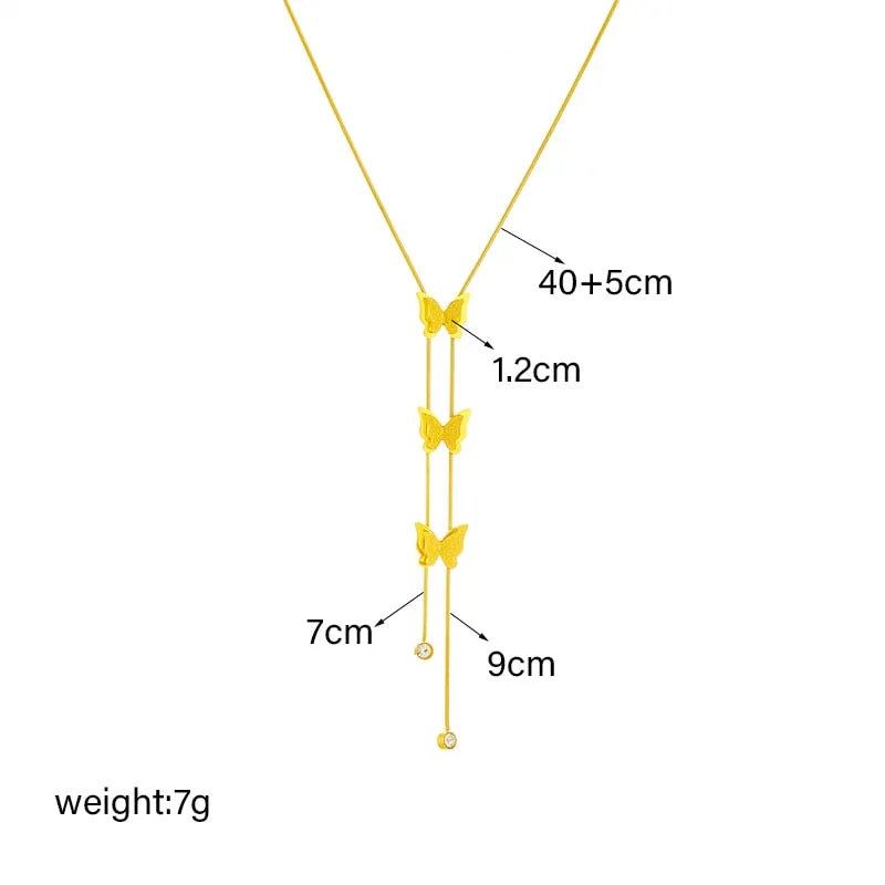 316L Stainless Steel Gold Color Butterfly Tassel Long Pendant Necklace For Women
