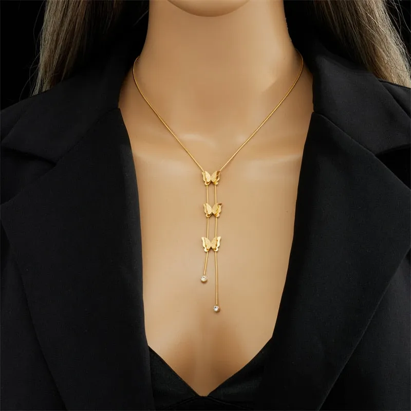 316L Stainless Steel Gold Color Butterfly Tassel Long Pendant Necklace For Women