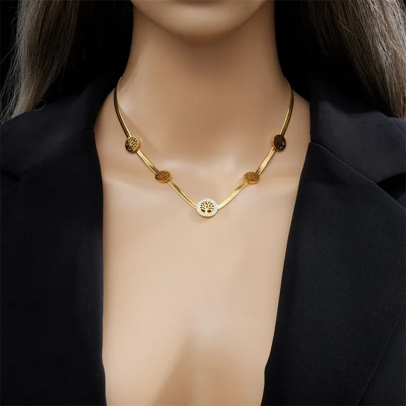 316L Stainless Steel Gold Color Round Tree Choker Necklace For Women