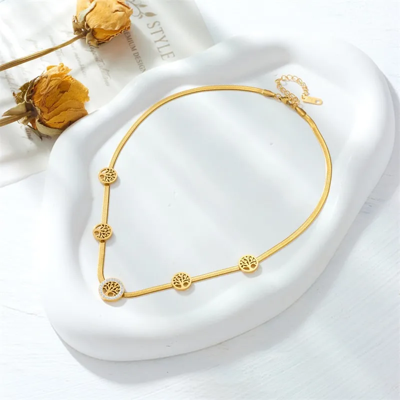 316L Stainless Steel Gold Color Round Tree Choker Necklace For Women