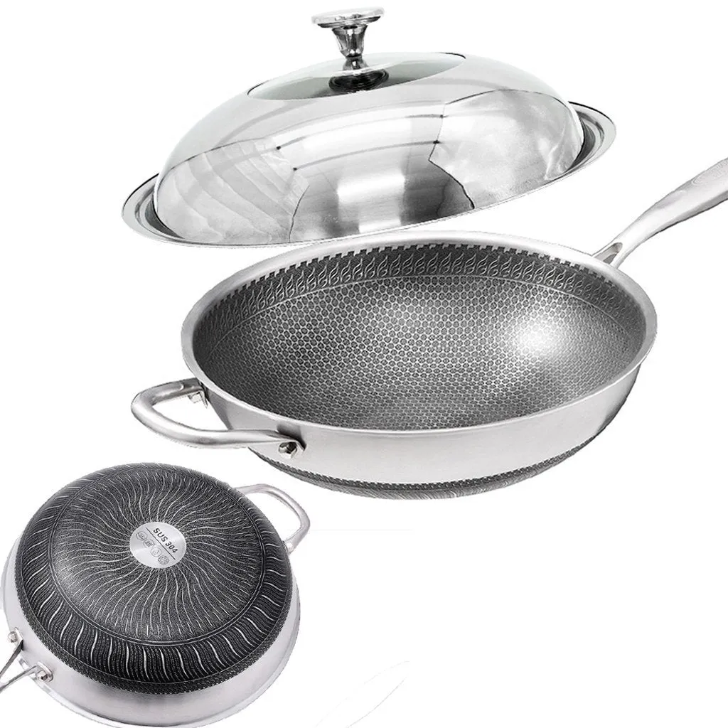 34cm 304 Stainless Steel Non-Stick Stir Fry Cooking Kitchen Honeycomb Wok Pan with Lid