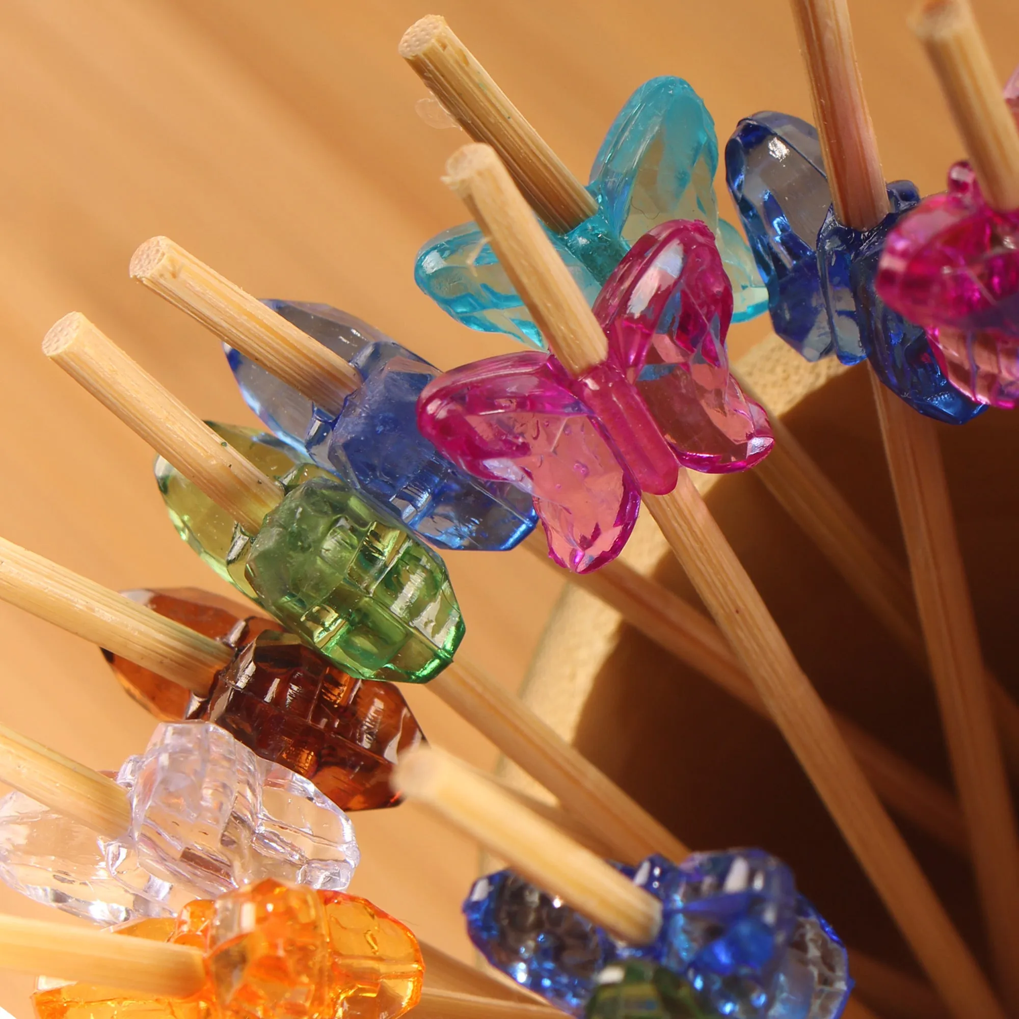 3.9" Decorative Acrylic Butterfly End Bamboo Cocktail Picks