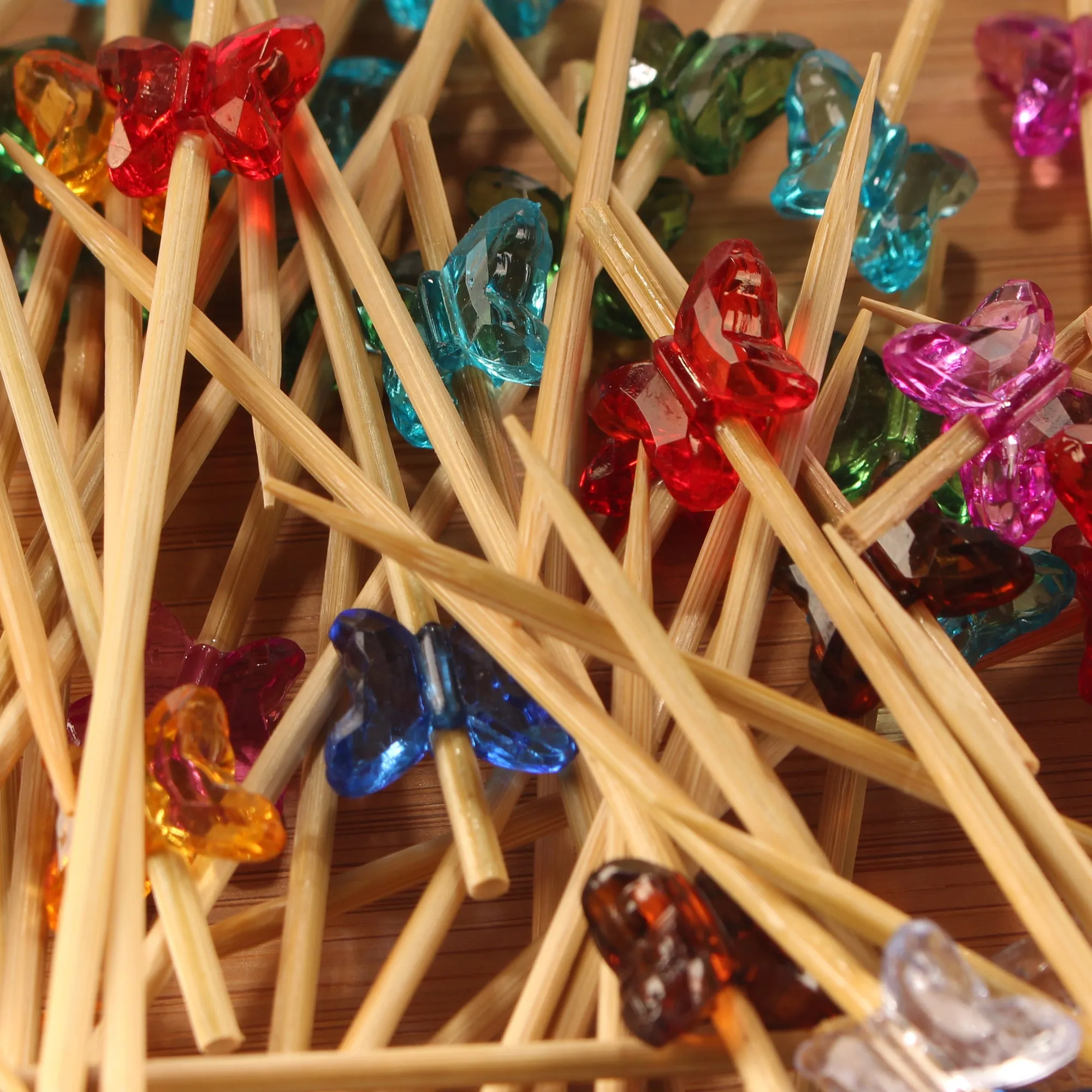 3.9" Decorative Acrylic Butterfly End Bamboo Cocktail Picks