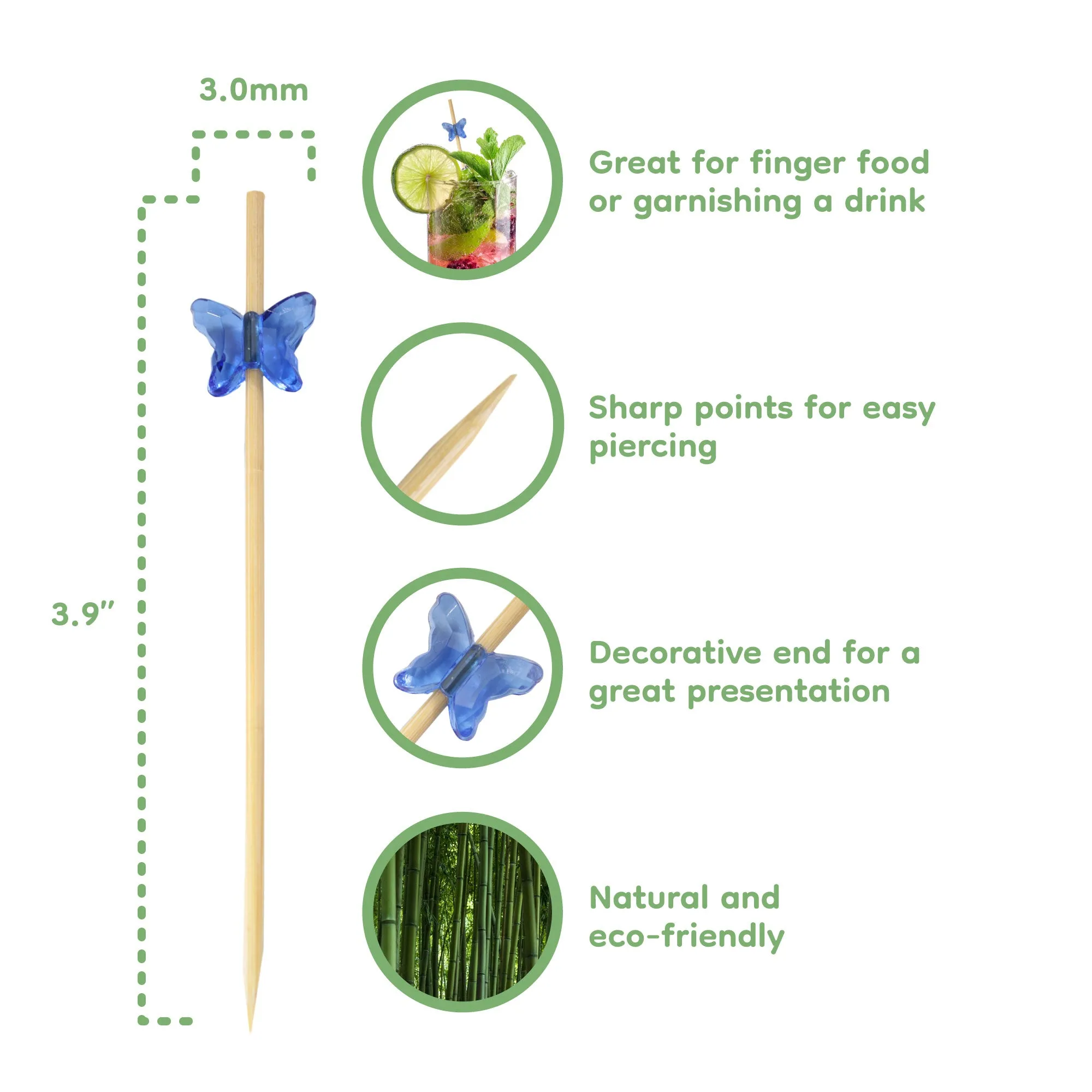 3.9" Decorative Acrylic Butterfly End Bamboo Cocktail Picks