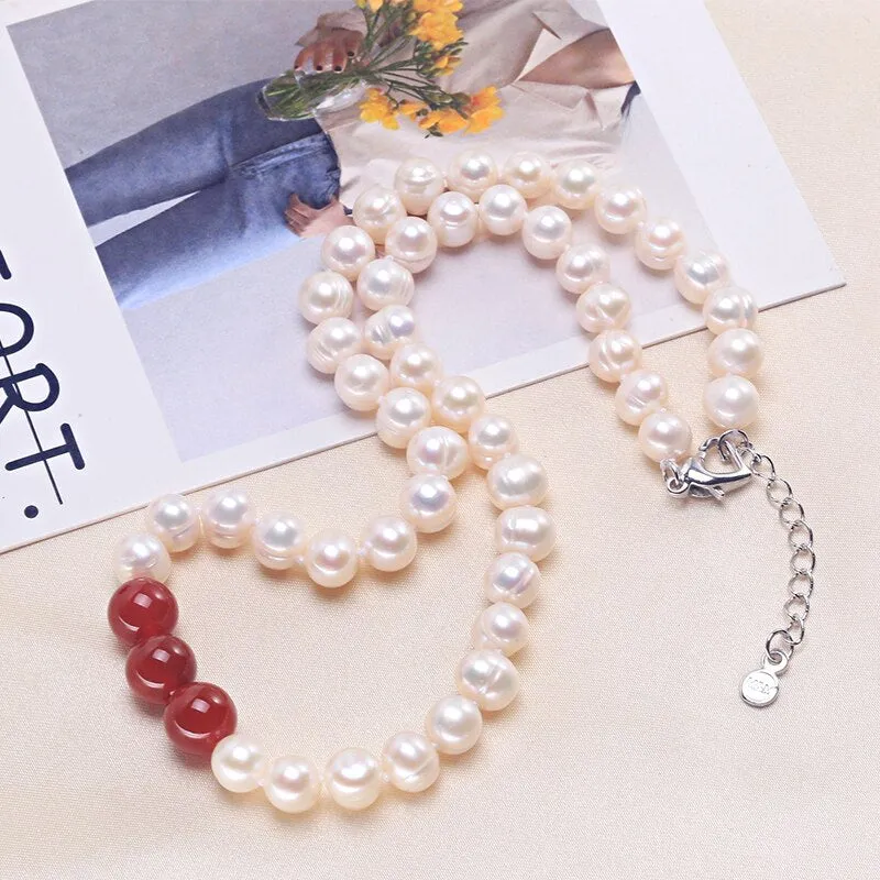 8-9mm Sterling Silver Baroque White Real Natural Cultured Pearl Necklace