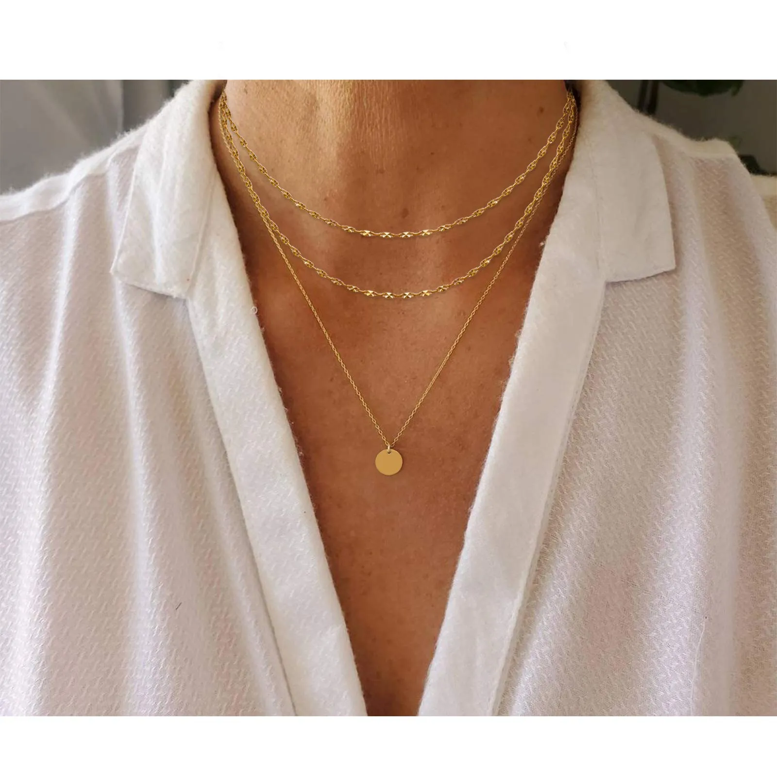 Aisansty Dainty Layered Choker Necklaces Handmade Coin Tube Star Pearl Pendant Multilayer Adjustable Layering Chain Gold Plated Necklaces Set for Women Girls Bar Chain&Coin