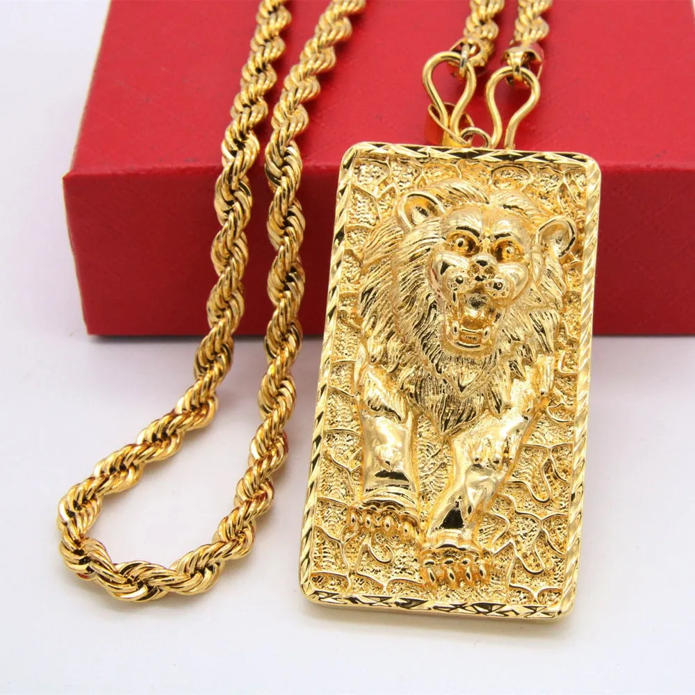 Big Lion Pattern Pendant Rope Chain Necklace Yellow Gold Filled Solid Mens Jewelry Hip Hop Style