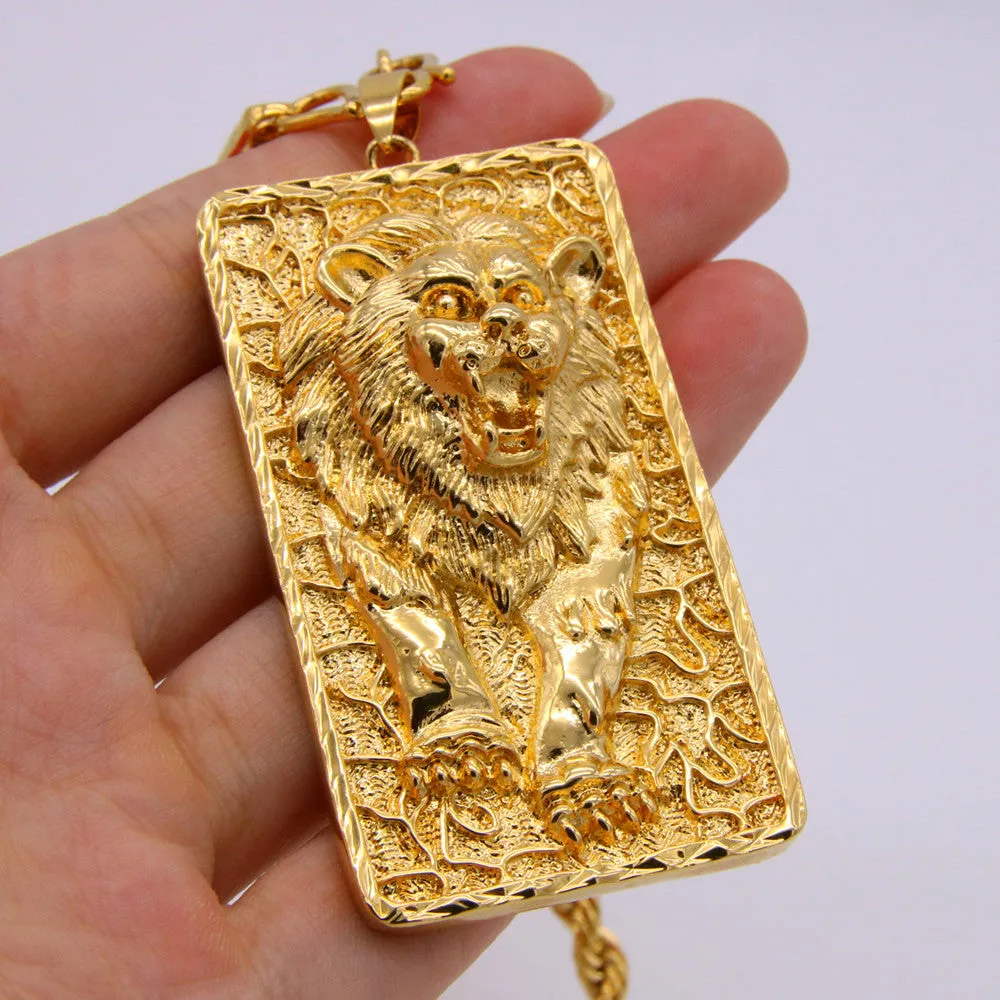 Big Lion Pattern Pendant Rope Chain Necklace Yellow Gold Filled Solid Mens Jewelry Hip Hop Style