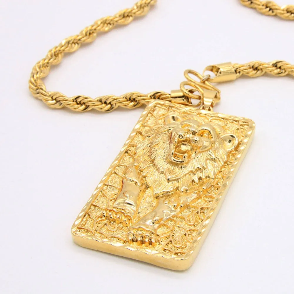 Big Lion Pattern Pendant Rope Chain Necklace Yellow Gold Filled Solid Mens Jewelry Hip Hop Style