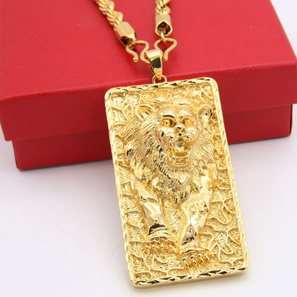 Big Lion Pattern Pendant Rope Chain Necklace Yellow Gold Filled Solid Mens Jewelry Hip Hop Style