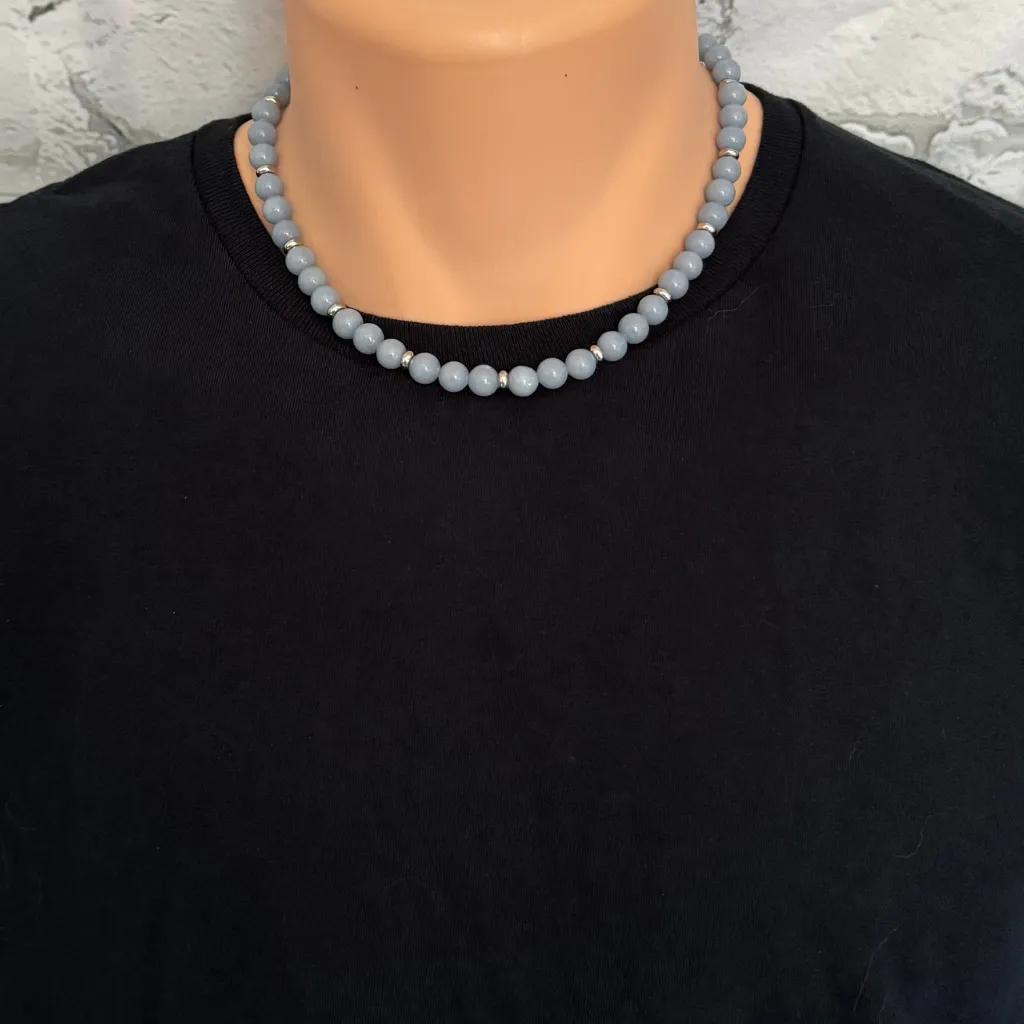 Blue Angelite Mens Beaded Necklace