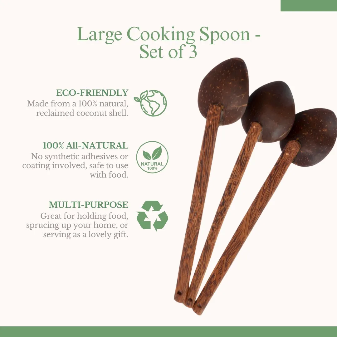 Coconut Shell Large Cooking Spoon Sets for Serving (Set of 3)