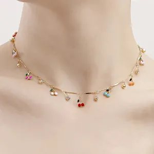 Colorful Dripping Cherry Zircon Pendant Necklace Sexy Short Beach Chokers Clavicle Chain