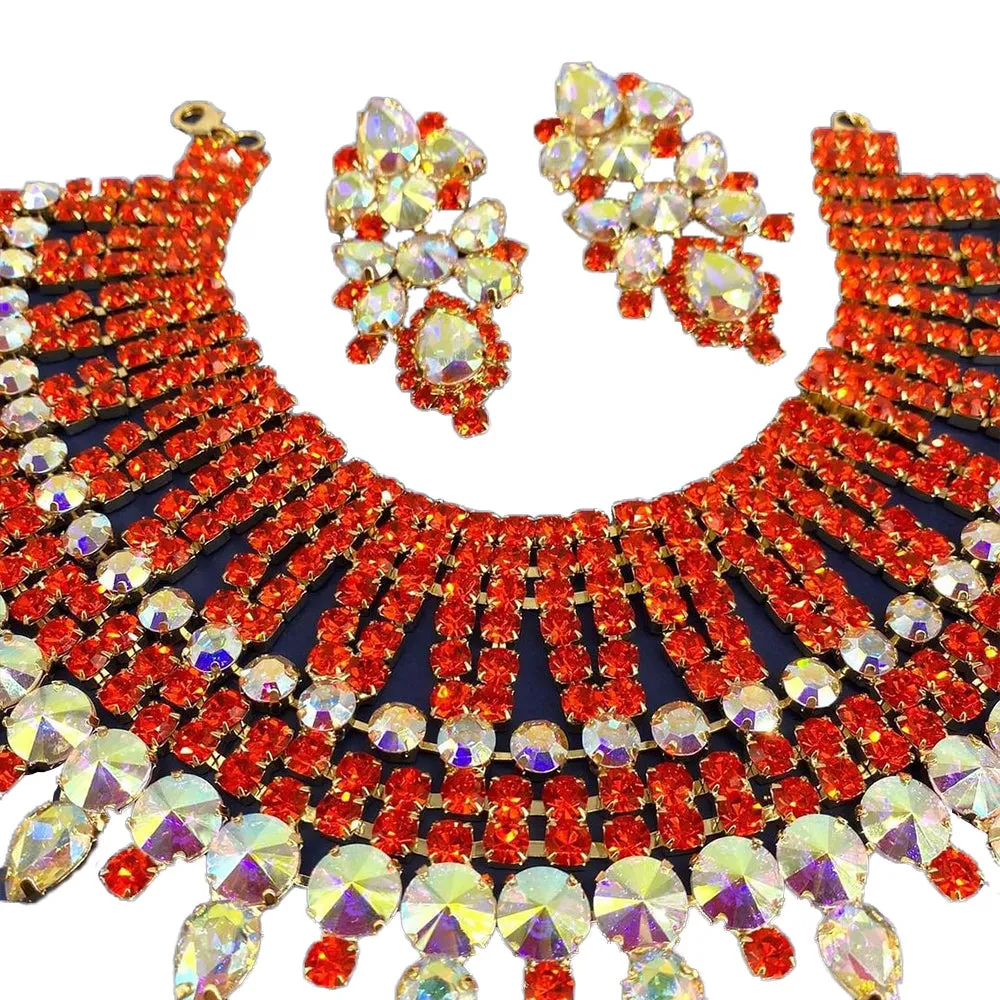 Elegant Orange Rhinestone SS28 Necklace Earring Exaggerated Set