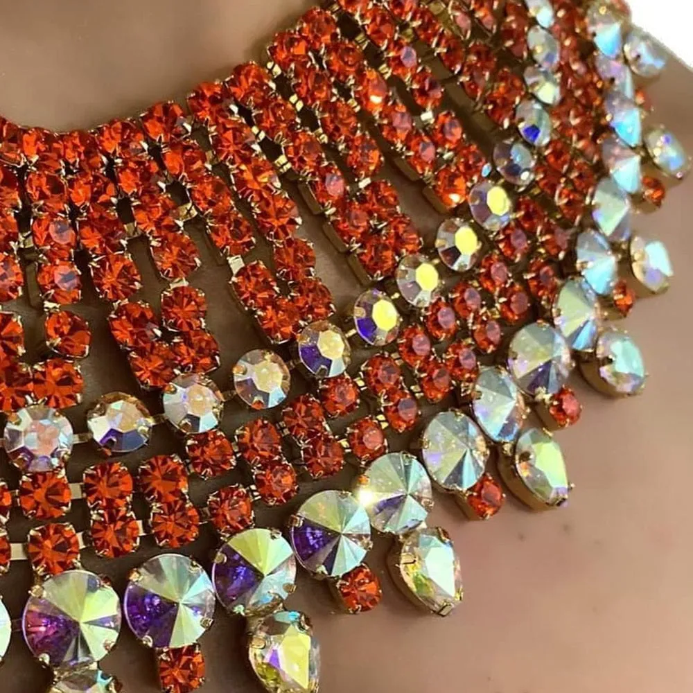 Elegant Orange Rhinestone SS28 Necklace Earring Exaggerated Set
