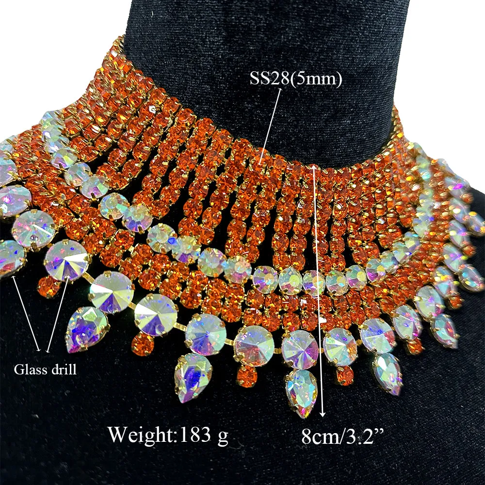 Elegant Orange Rhinestone SS28 Necklace Earring Exaggerated Set