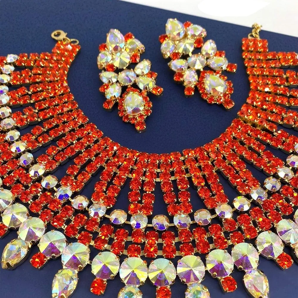 Elegant Orange Rhinestone SS28 Necklace Earring Exaggerated Set