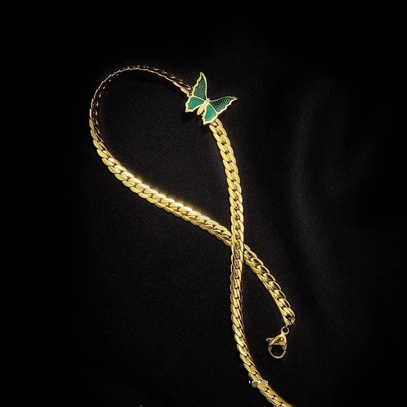 Fashion High-end Jewelry Welded Green Butterfly Charm Thick Chain Necklace