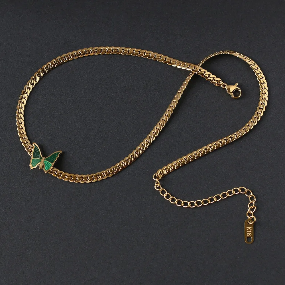 Fashion High-end Jewelry Welded Green Butterfly Charm Thick Chain Necklace