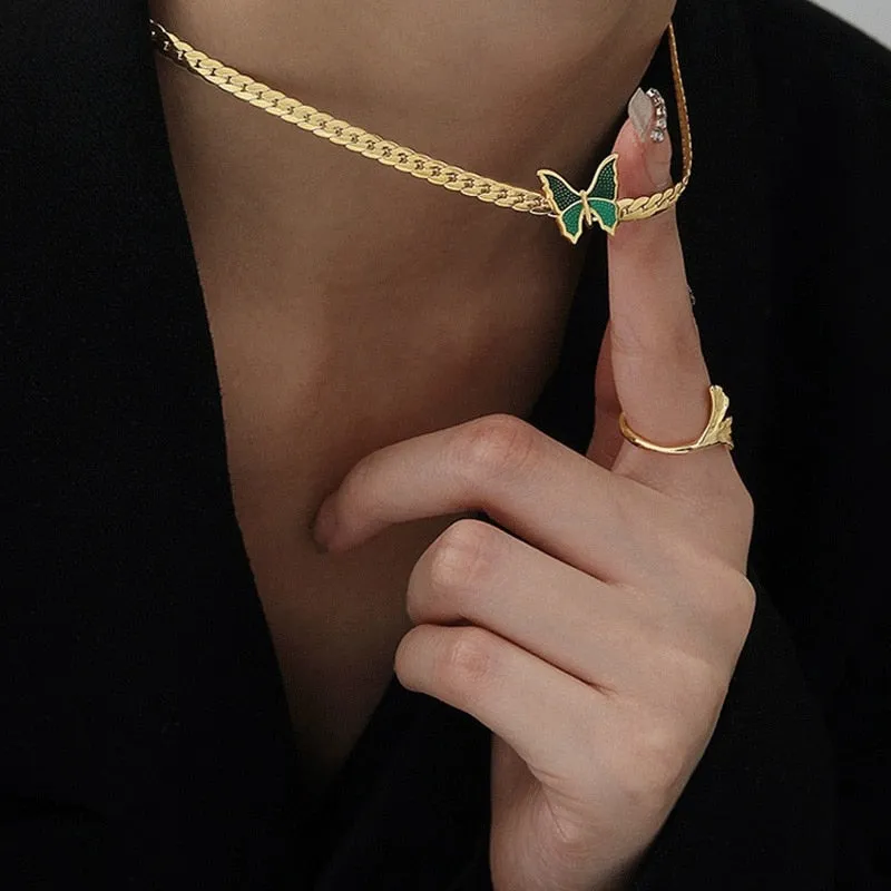 Fashion High-end Jewelry Welded Green Butterfly Charm Thick Chain Necklace