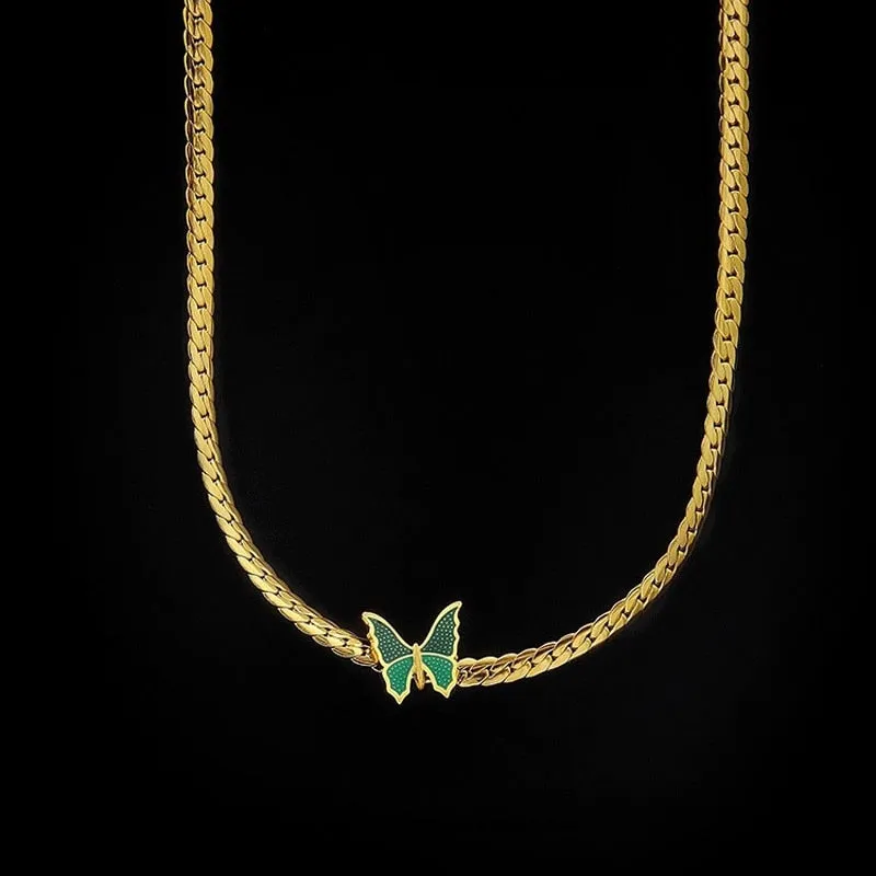 Fashion High-end Jewelry Welded Green Butterfly Charm Thick Chain Necklace
