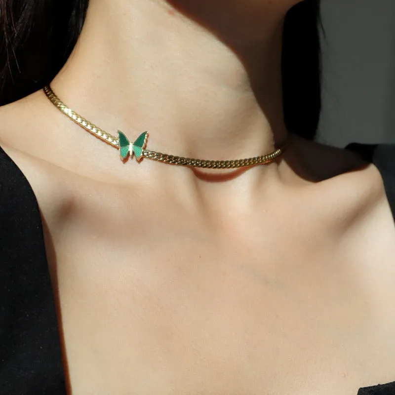 Fashion High-end Jewelry Welded Green Butterfly Charm Thick Chain Necklace