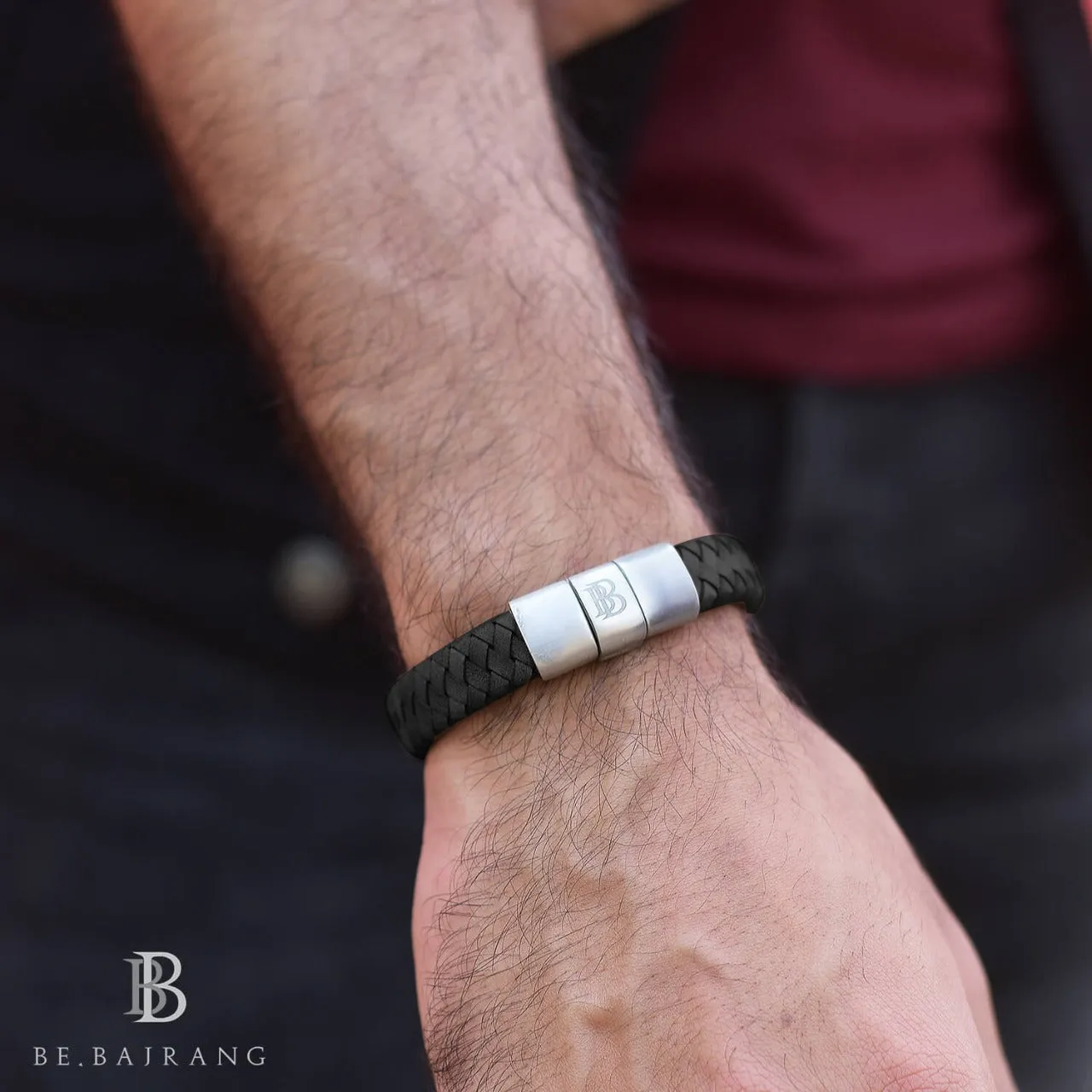 Flat Braided Genuine Black Leather Bracelet
