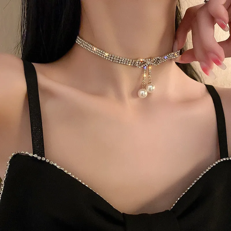 Golden Bowknot Rhinestone Choker Necklaces for Women Pearl Pendant Necklaces