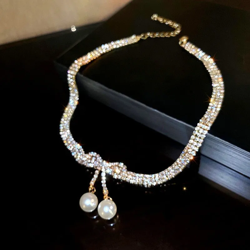 Golden Bowknot Rhinestone Choker Necklaces for Women Pearl Pendant Necklaces