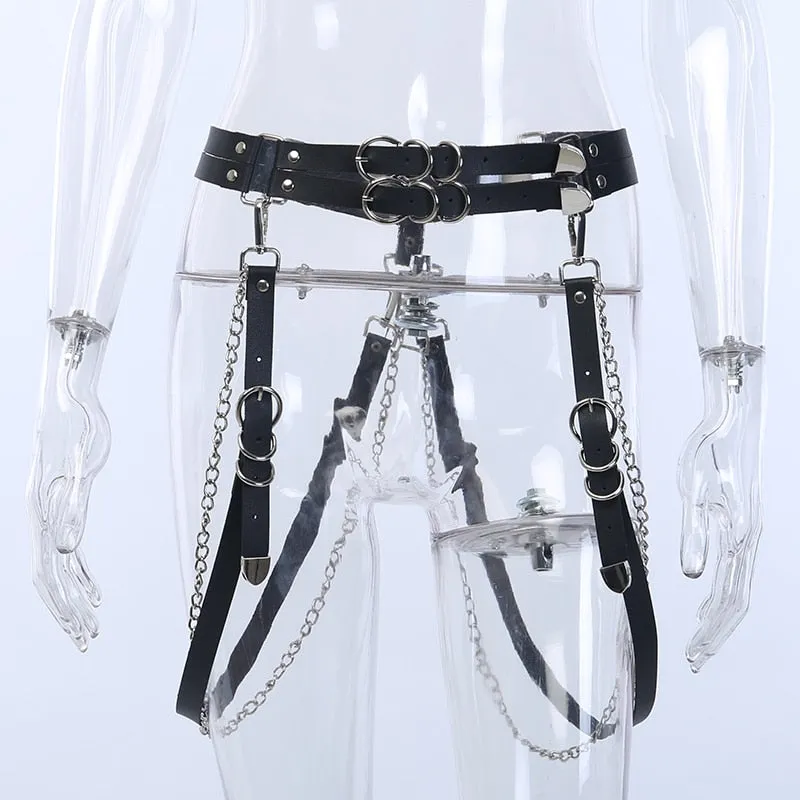 Gothic Punk Faux Leather Belt Metal Chain Ring Waist Strap Rock Hip Hop Ring Chain Belt (Black)