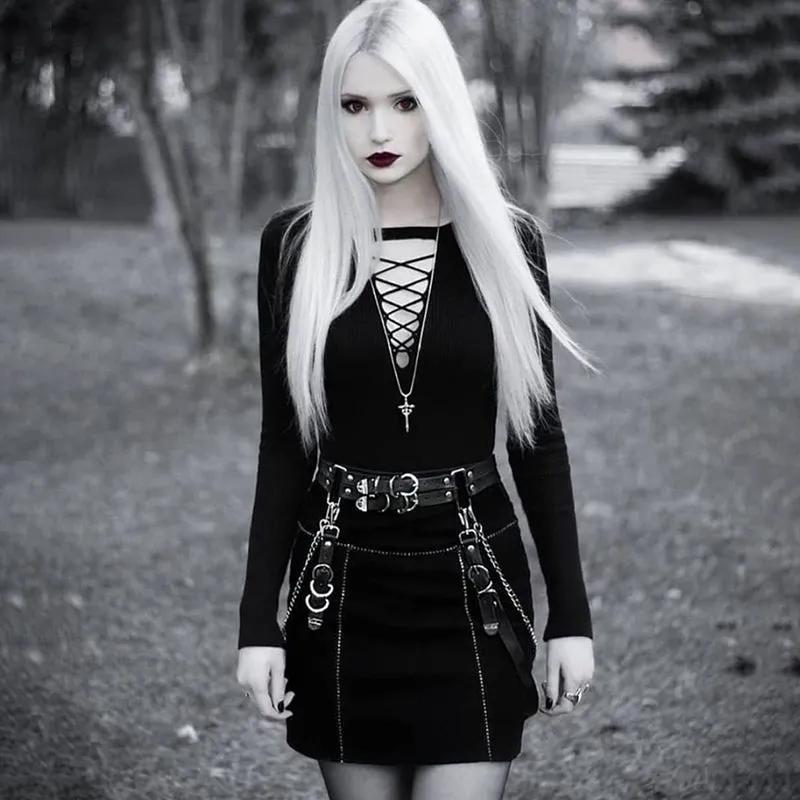 Gothic Punk Faux Leather Belt Metal Chain Ring Waist Strap Rock Hip Hop Ring Chain Belt (Black)