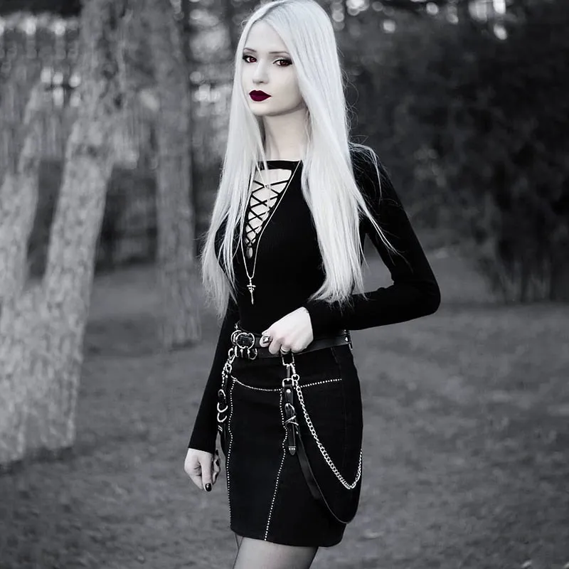 Gothic Punk Faux Leather Belt Metal Chain Ring Waist Strap Rock Hip Hop Ring Chain Belt (Black)