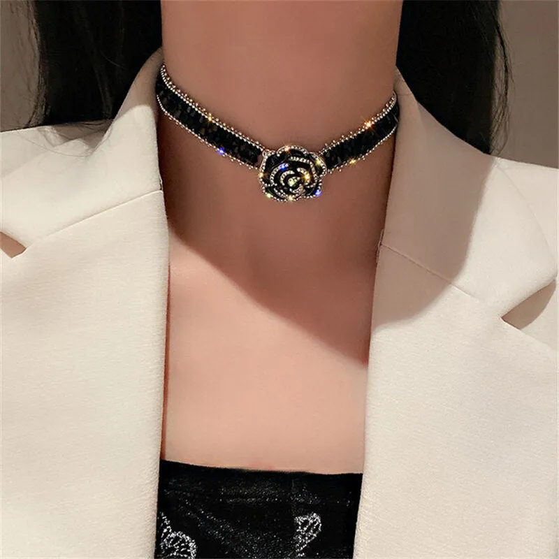 Handmade Black Crystal Choker Necklaces for Women Elegant Camellia Necklaces