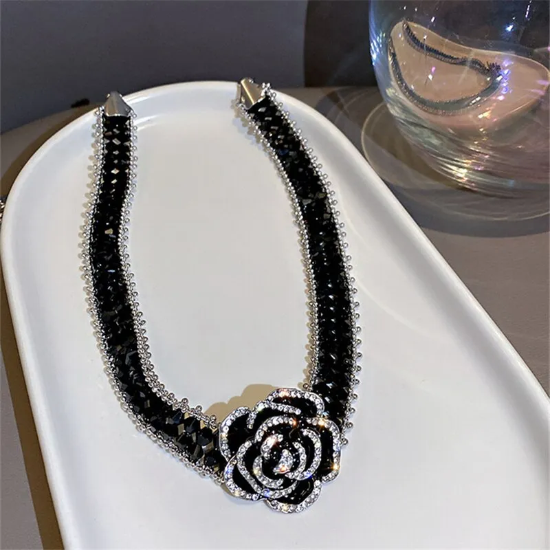 Handmade Black Crystal Choker Necklaces for Women Elegant Camellia Necklaces