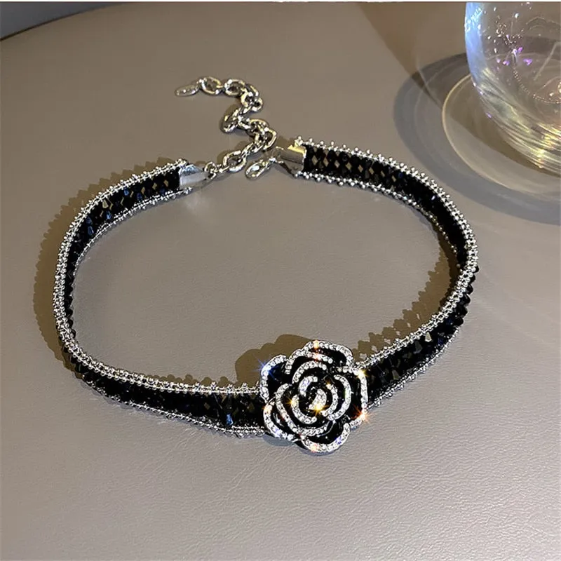 Handmade Black Crystal Choker Necklaces for Women Elegant Camellia Necklaces